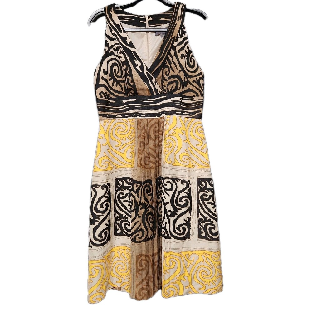Liz Claiborne Dress Size 10 Sleeveless V-Neck Abstract Swirl Print Yellow Brown